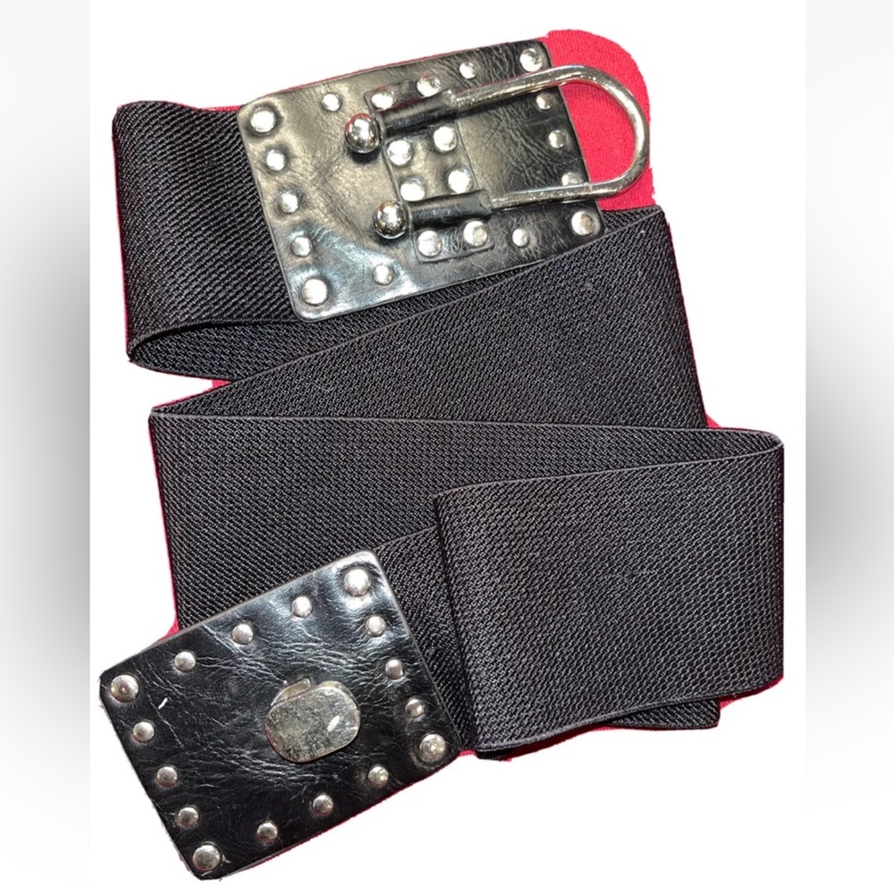 GOTHIC Black Stretchy wide BELT, FAUX LEATHER SILVER STUD Hook CLOSURE  44” Emo